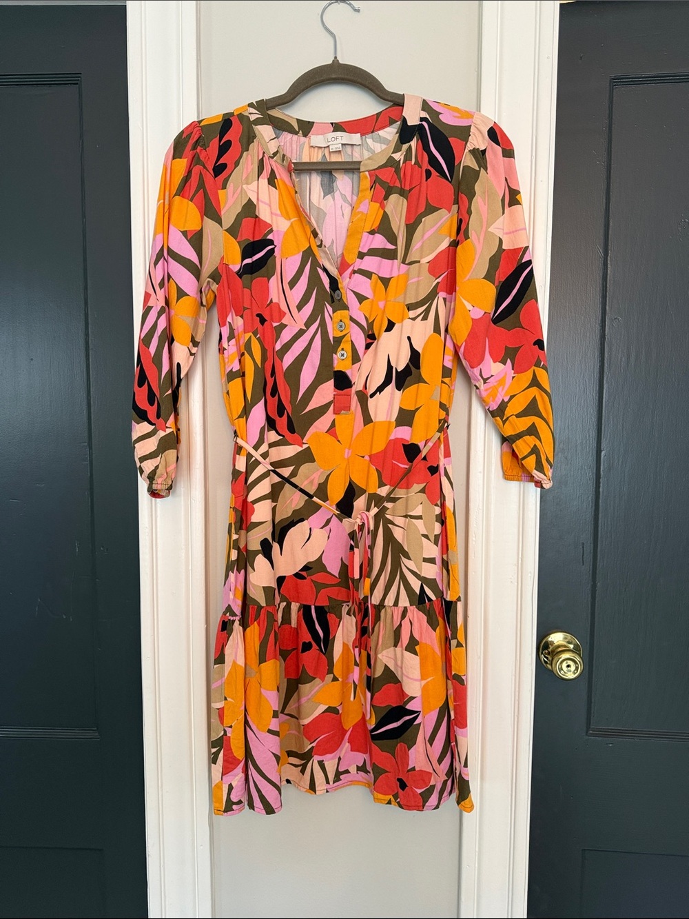 LOFT Pink Multi Floral Long-Sleeve Tie-Waist Dress